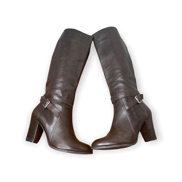 Marc Fisher's Kessler tall dress boots ankle strap buckle elastic back brown - Picture 8 of 9